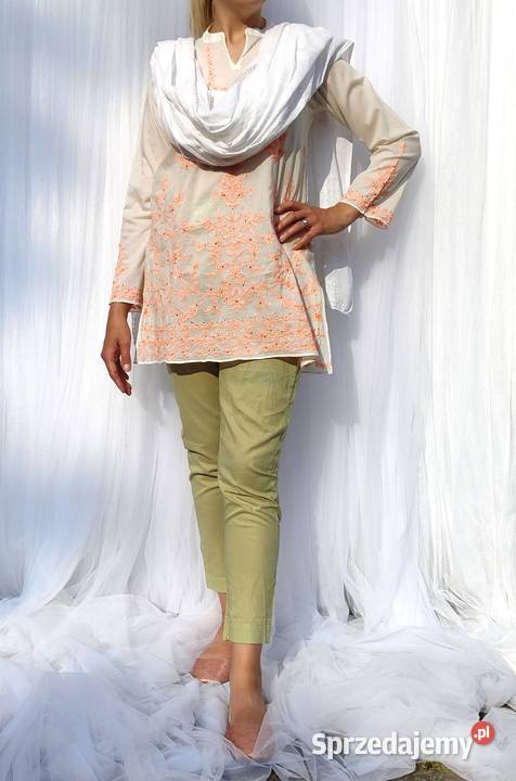 Duża chusta szal dupatta haftowana biała bawełna Szczecin