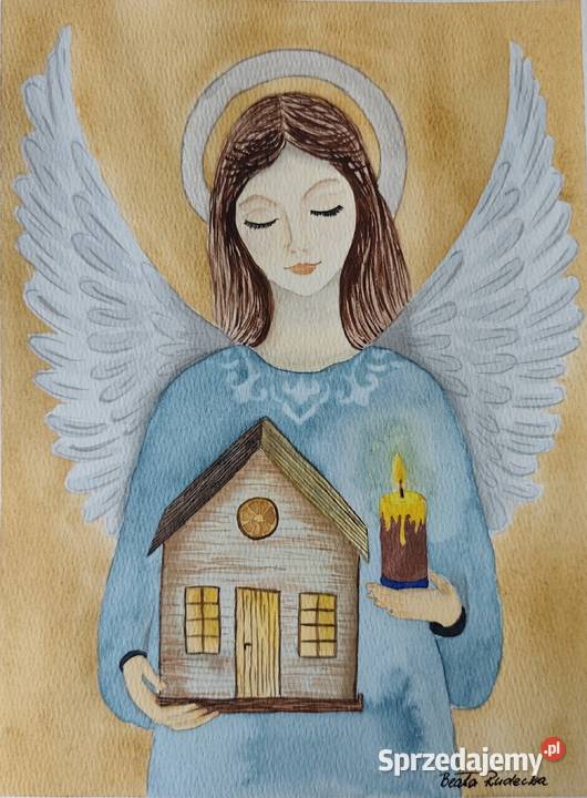 Akwarela Akwarelka Obraz pt Anioł Opiekun Antyki, Sztuka, Kolekcje świętokrzyskie Wałkonowy Dolne