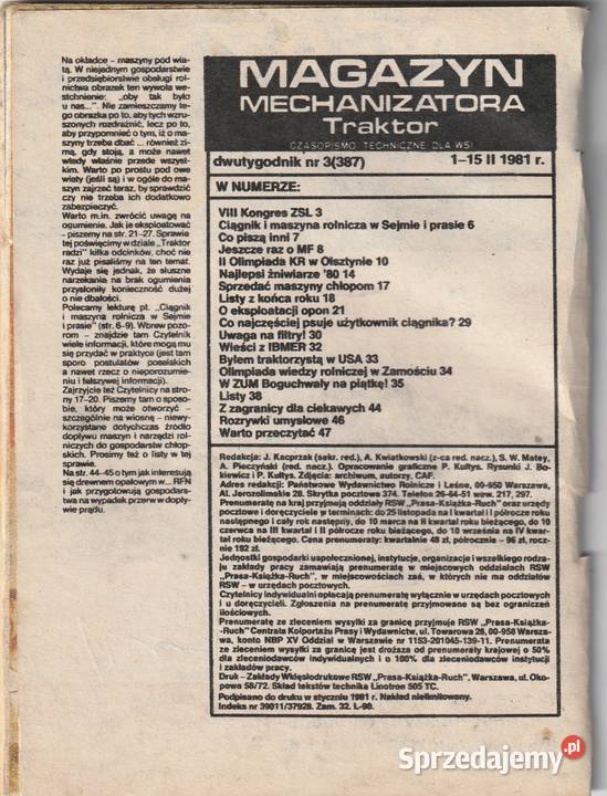 Magazyn mechanizatora Traktor 3 Luty 1981 miękka Pruszków