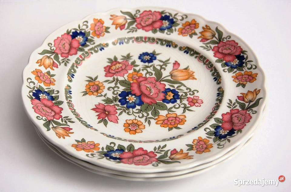 Trzy talerze deserowe vintage w kwiaty Pontesa wielokolorowy lubelskie