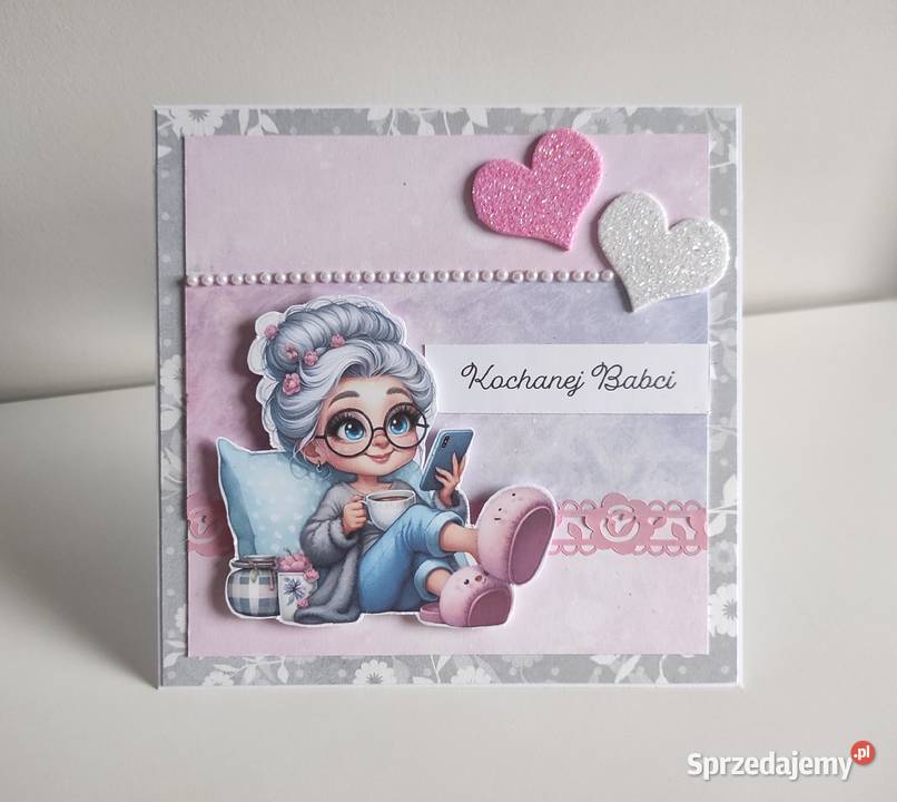 Kartka ręcznie robiona na Dzień Babci różowa