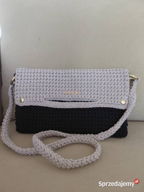 Torebka ze sznurka bawełnianego czarna z beżem Gostyń