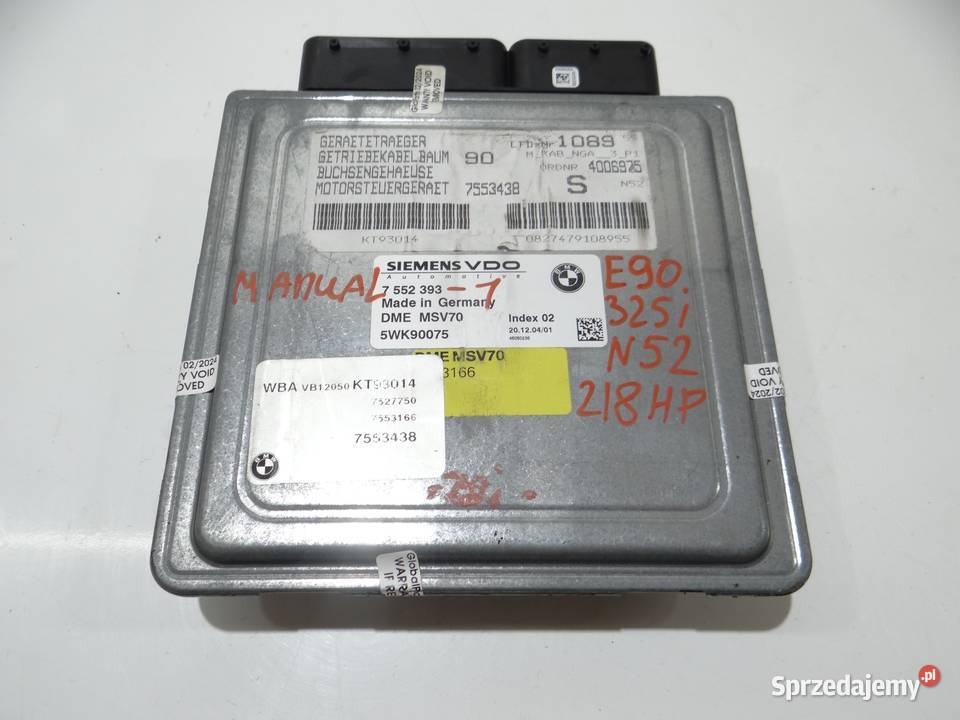 KOMPUTER STEROWNIK SILNIKA BMW E90 325i 7552393 Czujniki i sterowniki Strzyżewice sprzedam