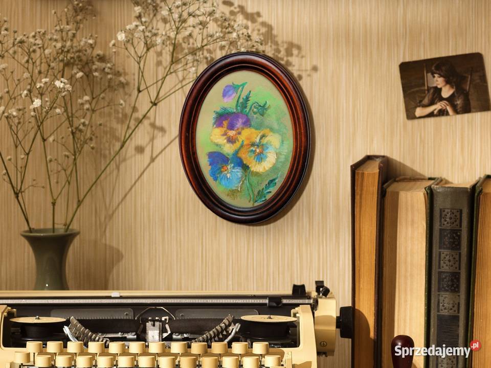 Bratki kwiaty malowane pastele stary obraz lubelskie sprzedam