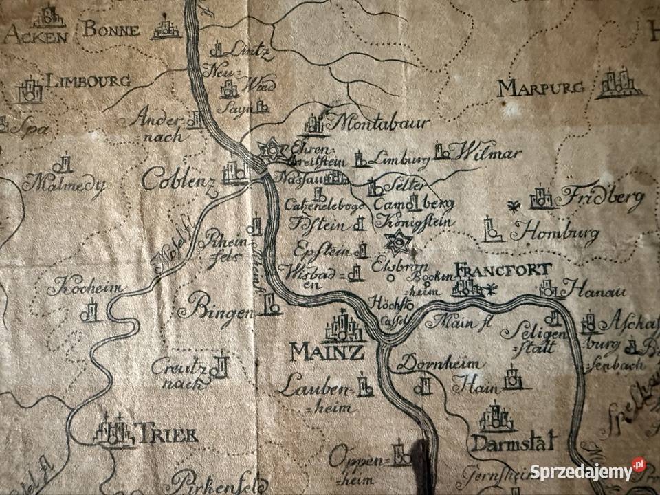 Mapa historyczna Hessen XIX wiek Mainz Niemcy Antyki Czerwionka-Leszczyny