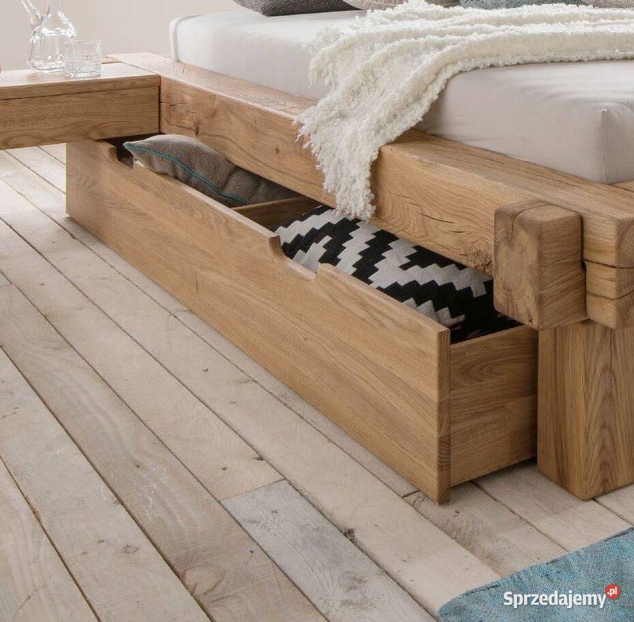 Rustykalne masywne łóżko dębowe z szufladami Warszawa