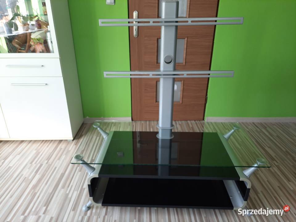 Stolik RTV z drewna czarny połysk aluminium stal wielkopolskie Kotwasice