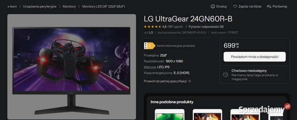 Monitor LG UltraGear 24GN60RB 24144 Hz 1 ms STAN wielkopolskie Pleszew