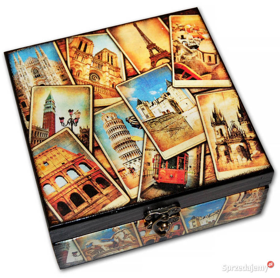 SZKATUŁKA pudełko drewniane POSTCARDS 14x14 sprzedam