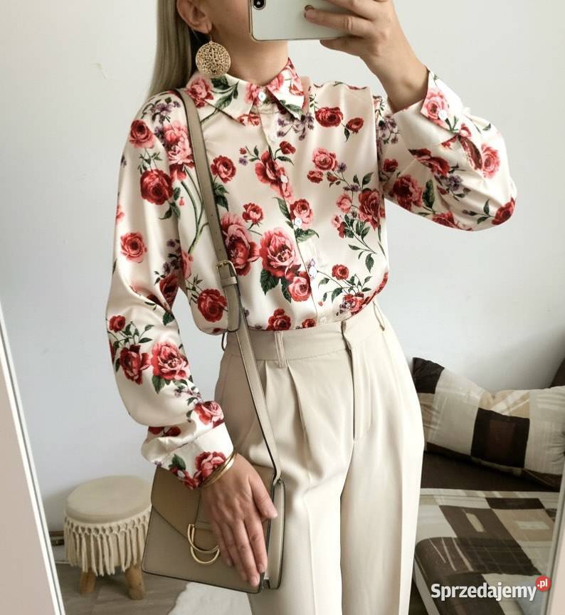 Koszula Damska w kwiaty połyskowa elegancka L Kwiatki Ostrów Wielkopolski