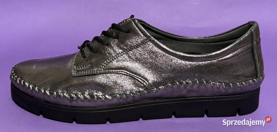 Skórzane damskie platynowe wiązane półbuty Żyrardów