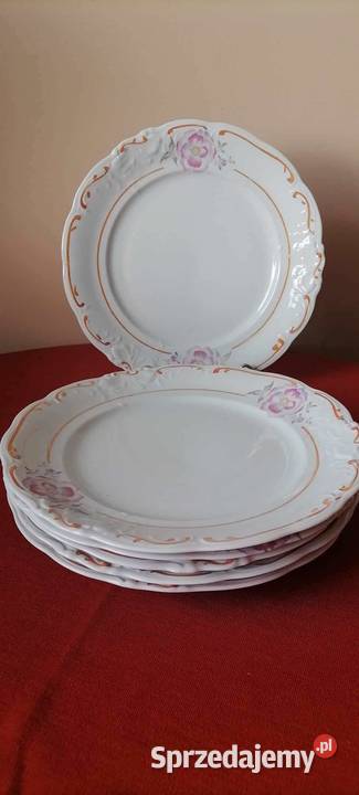 Komplet 6 Dużych Talerzy Różowe Kwiaty PRL Porcelana i szkło sprzedam