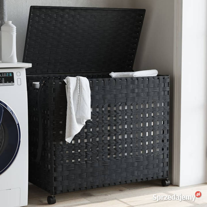 Kosz na pranie z kółkami czarny 66x35x60 rattan