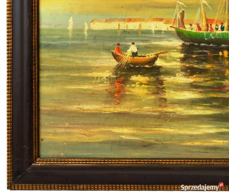Duży obraz olejny na płycie Połów w Porcie wym Warszawa