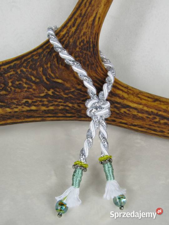 Bransoletka ze sznurka atłas biały srebrny śląskie