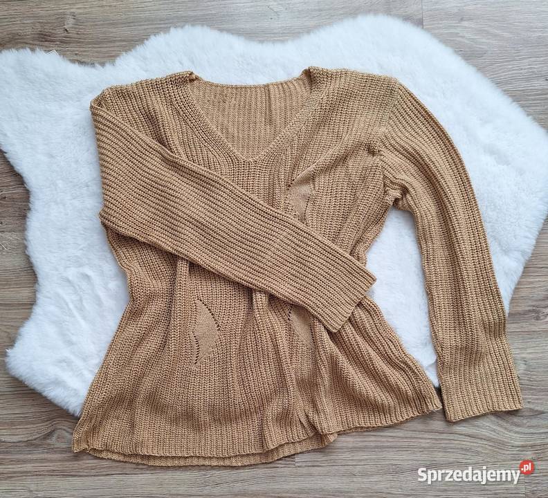 Piękny musztardowy ażurowy sweterek z dekoltem V Swetry i golfy Kraków