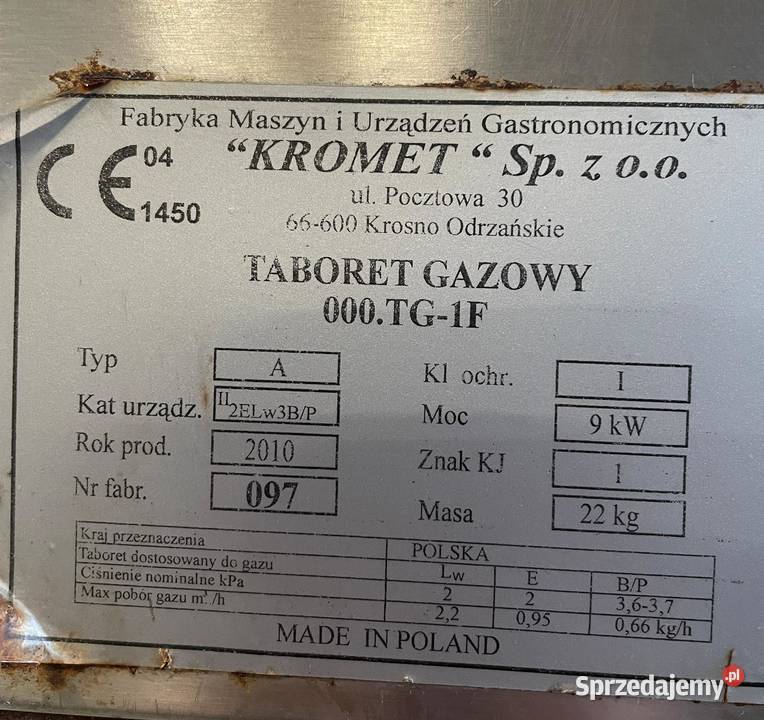 Taboret gazowy gastronomiczny Kromet używany lubelskie Kozubszczyzna