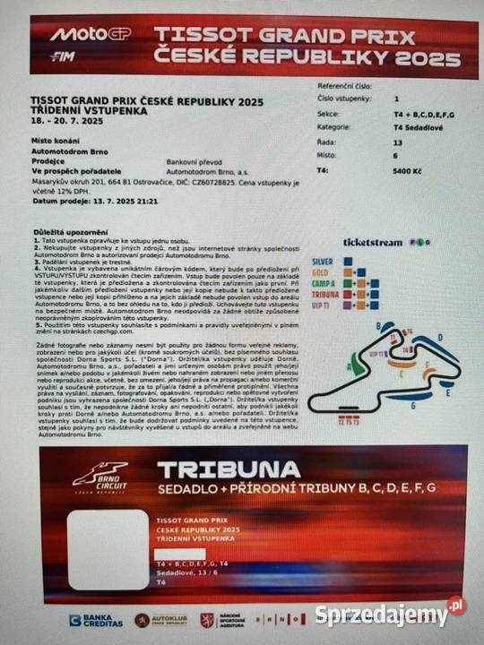 MotoGP Brno 2025 2 bilet na trybunę T4 TRZY DNI Sport i Wypoczynek Warszawa