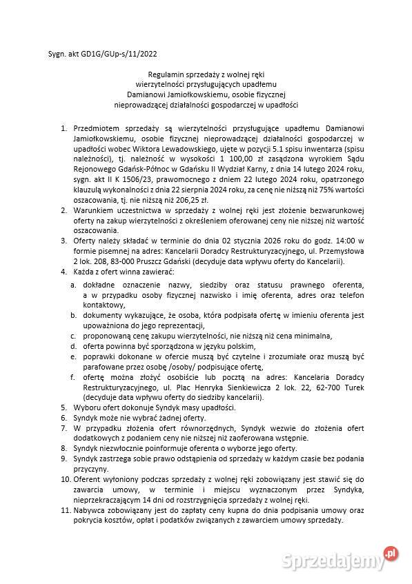 Syndyk sprzeda wierzytelności GD1GGUps112022 Pruszcz Gdański