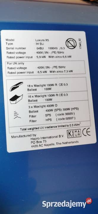 Solarium Hapro Luxura x5 34 sli Kierzno sprzedam