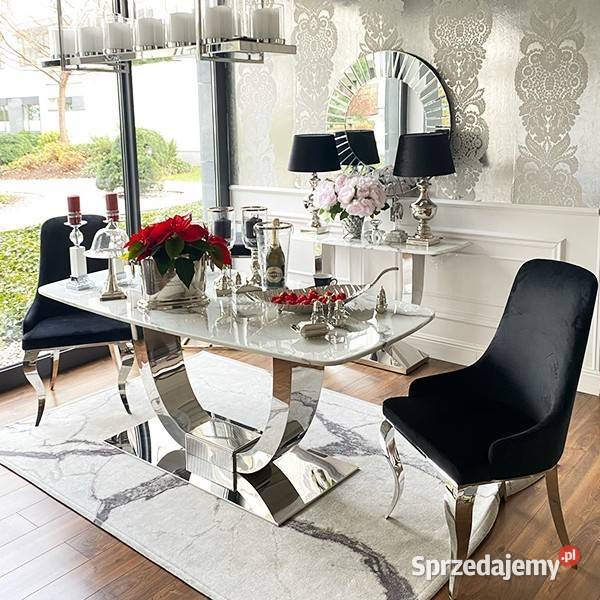 Stół glamour srebrny z marmurowym białym blatem 180cm Stoły