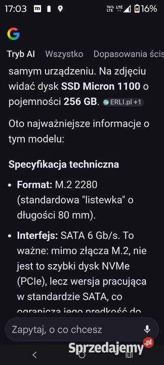 Dysk m 2 micron 1100 256 gb do laptopa Wołomin sprzedam
