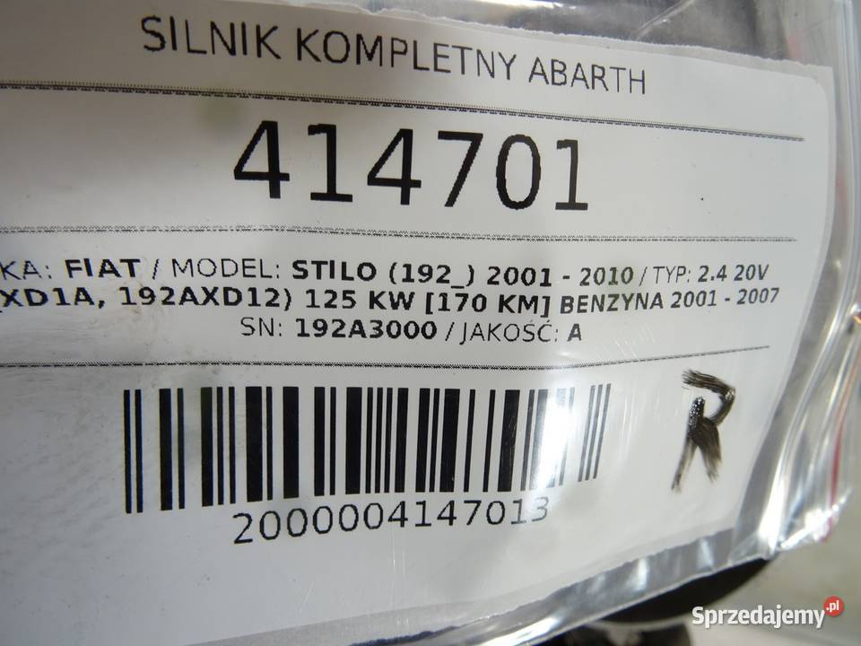 SILNIK KOMPLETNY ABARTH FIAT 24 170 192A2000 osobowe podkarpackie