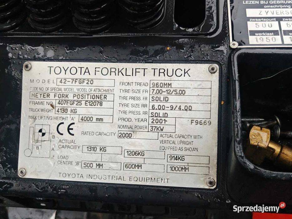 Wózek widłowy Toyota 427FGF20 LPG 2001 Góra