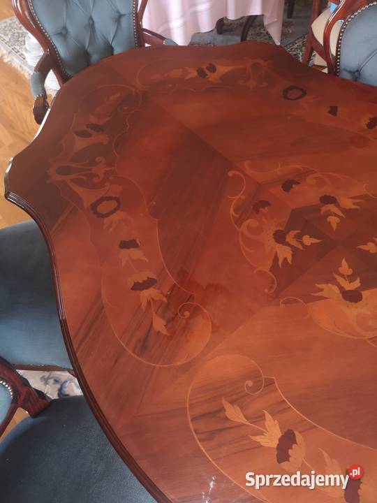 Stół z intarsją z 4 krzesłami i 2 fotelami Gdańsk
