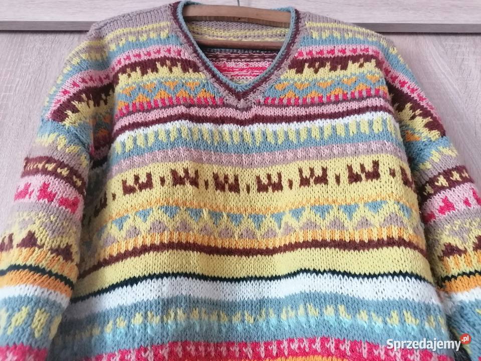 Sweter wełniany ręcznie robiony na drutach Wkładane przez głowę  Łódź