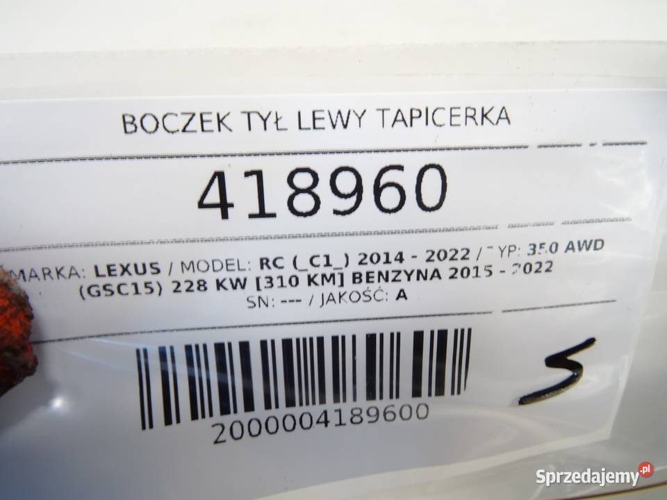 BOCZEK TYŁ LEWY TAPICERKA LEXUS RC SportowyCoupe