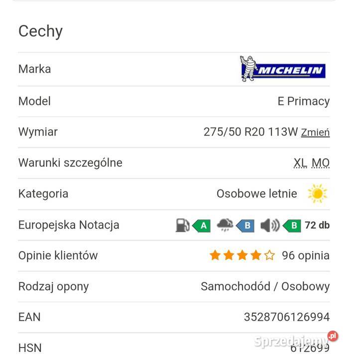 Nowe Michelin E Primacy Letnie 2755020 2024 r 50 pomorskie Gdynia sprzedam