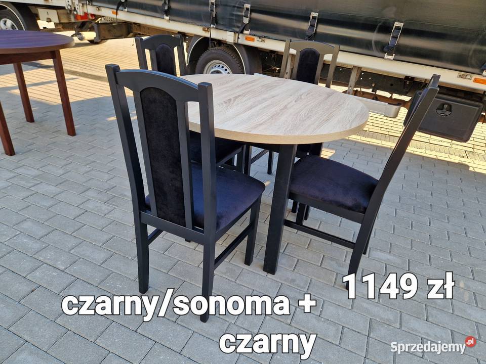 Nowe: Stół okrągły + 4 krzesła, czarny/blat sonoma + czarny