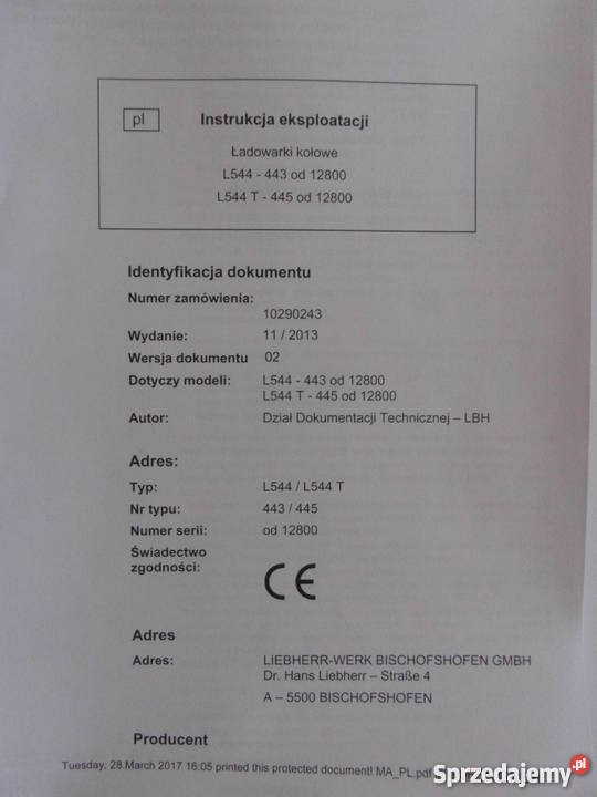 INSTRUKCJA OBSŁUGI DTR ŁADOWARKA LIEBHERR L544 i Rok wydania 2008 Szczecin sprzedam
