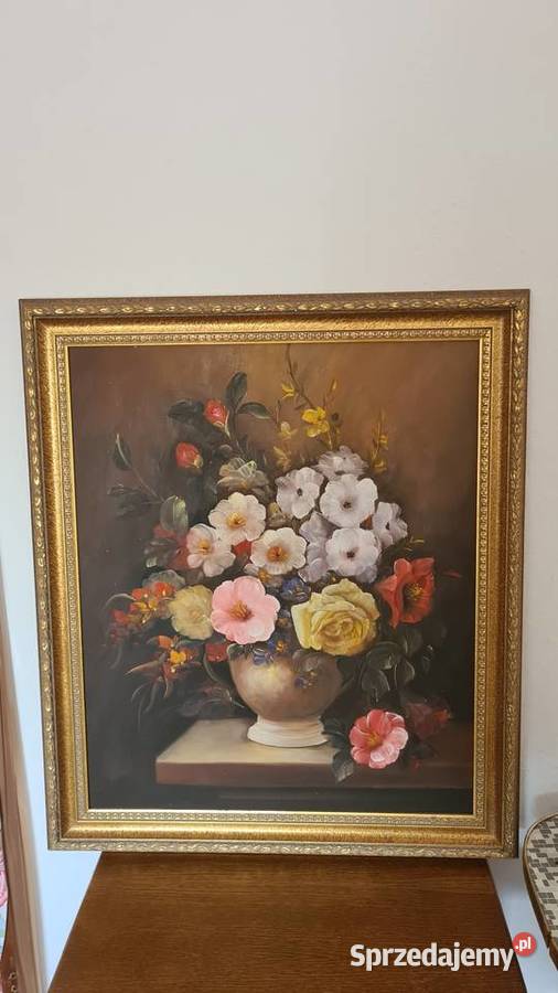 Obraz olejny bukiet kwiatów w złotej ramie Gorlice
