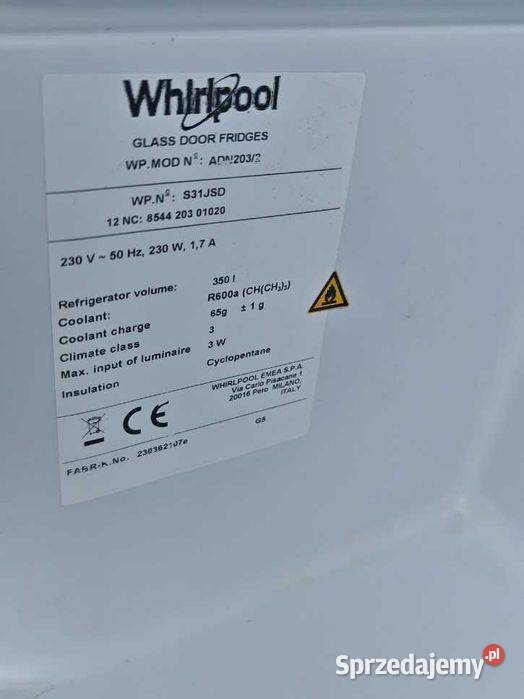 Szafa chłodnicza przeszklona Whirlpool 350L Gastronomia Góra
