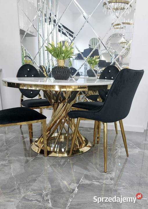 złoty stół nowoczesny okrągły Glamour z białym marmurem 120
