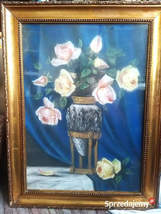 Pastel w złotej ramie róże w wazonie podpisany Z Bronisze