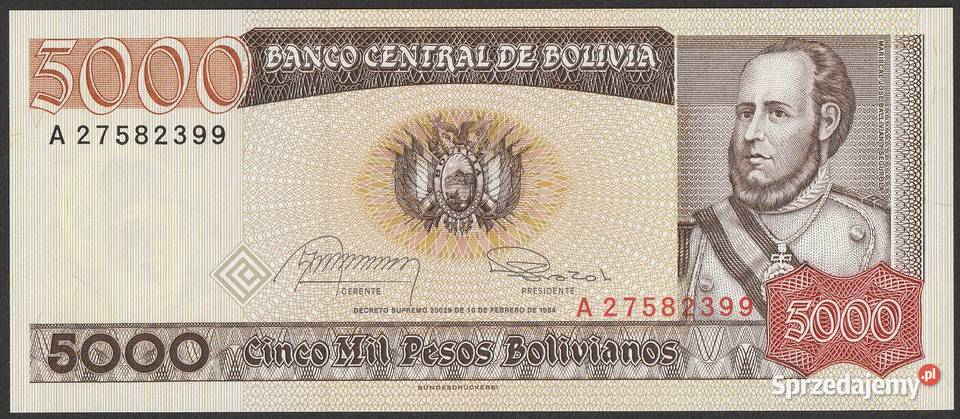 Boliwia 5000 pesos bolivianos 1984 STAN BANKOWY Numizmatyka sprzedam