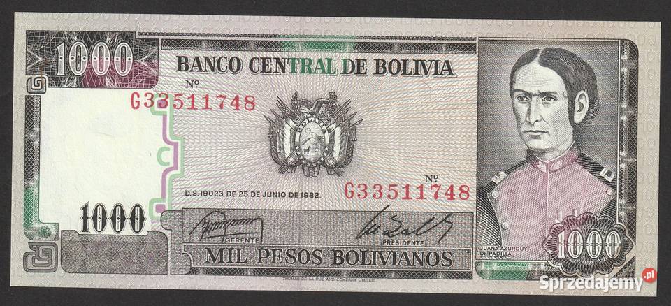 BOLIWIA 1000 bolivianos 1982 stan bankowy UNC łódzkie Łódź