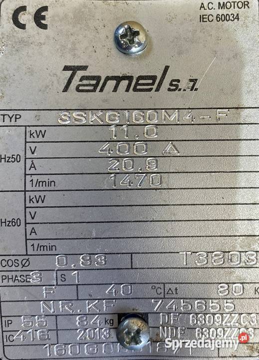 silnik elektryczny 11kW 1470obr OBCE CHŁODZENIE Pigża
