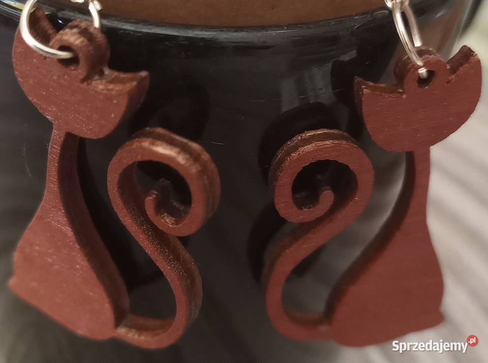 Kolczyki drewniane koty handmade Sosnowiec