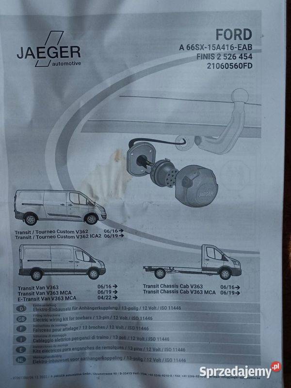 FORD TRANSIT CUSTOM WIĄZKA HAKA HOLOWNICZEGO Pozostałe Pleszew