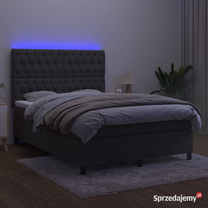 Łóżko kontynentalne z materacem i LED szary 144cm