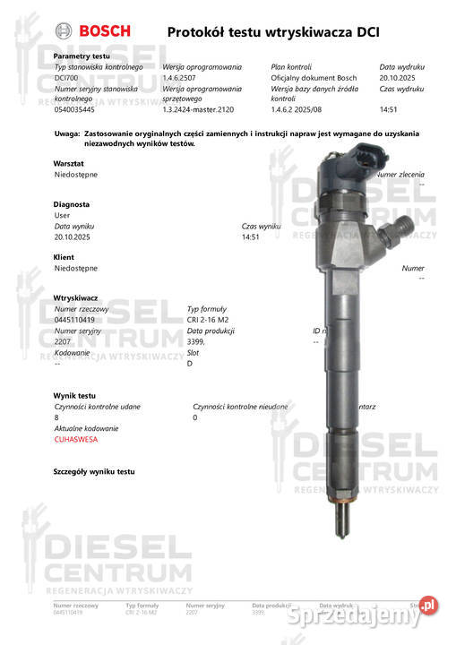 WTRYSKIWACZ BOSCH 0445110419 Alfa Romeo Fiat osobowe Miszewo