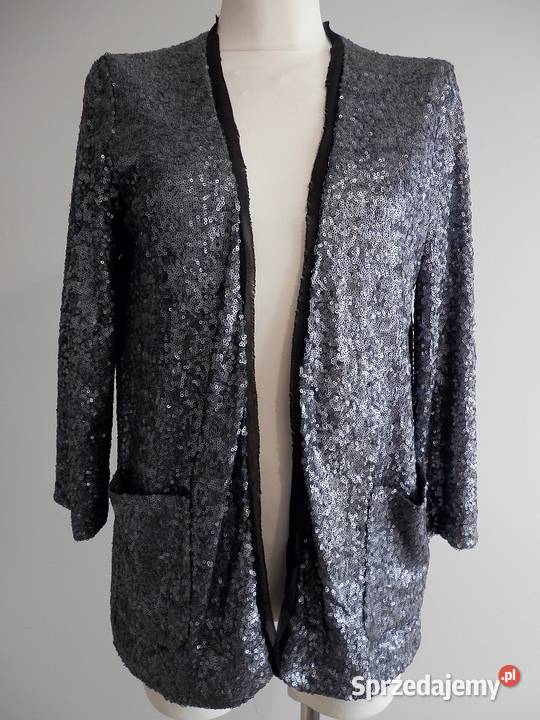 Marynarka Blezer Narzutka Cekinowa Srebrna Łomża