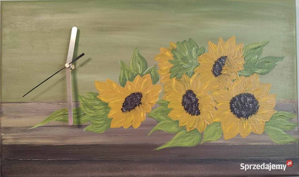 Obraz ręcznie malowany Z ZEGAREM - Tytuł: "Słoneczniki" - 50