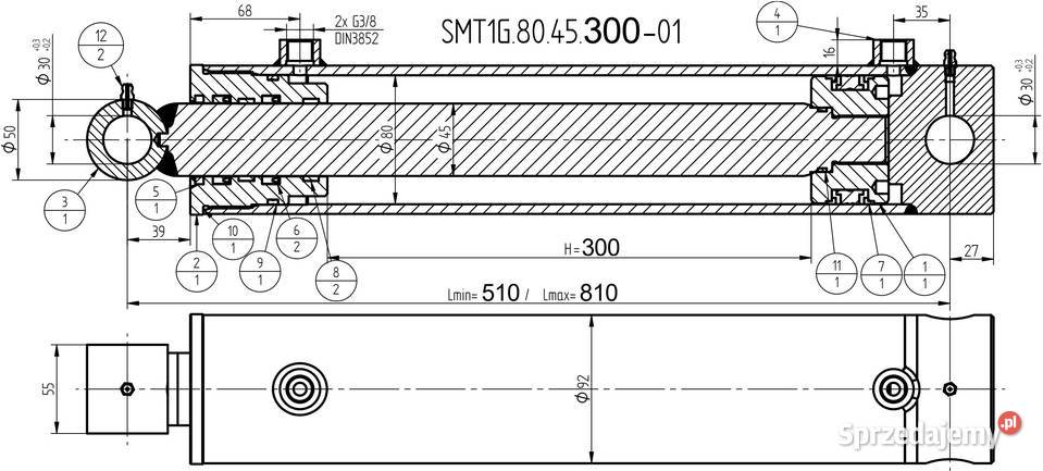 SIŁOWNIK HYDRAULICZNY SMT1G 80x45 SKOK 300 mm Solec Kujawski