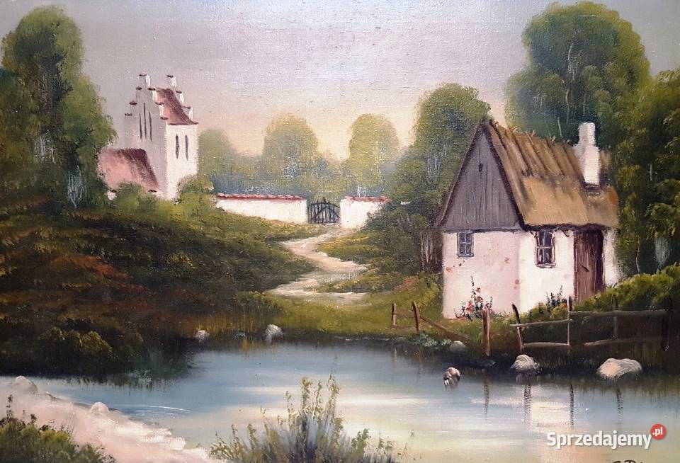 Stary ładny olejny na płótnie Wiejski pejzaż w Warszawa