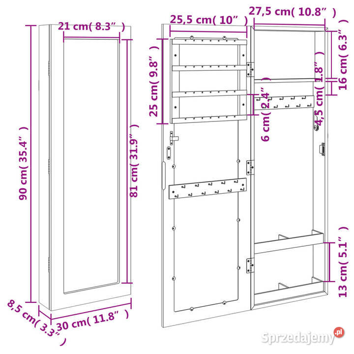 Wisząca szafka na biżuterię z lustrem 30x85x90 mazowieckie Warszawa